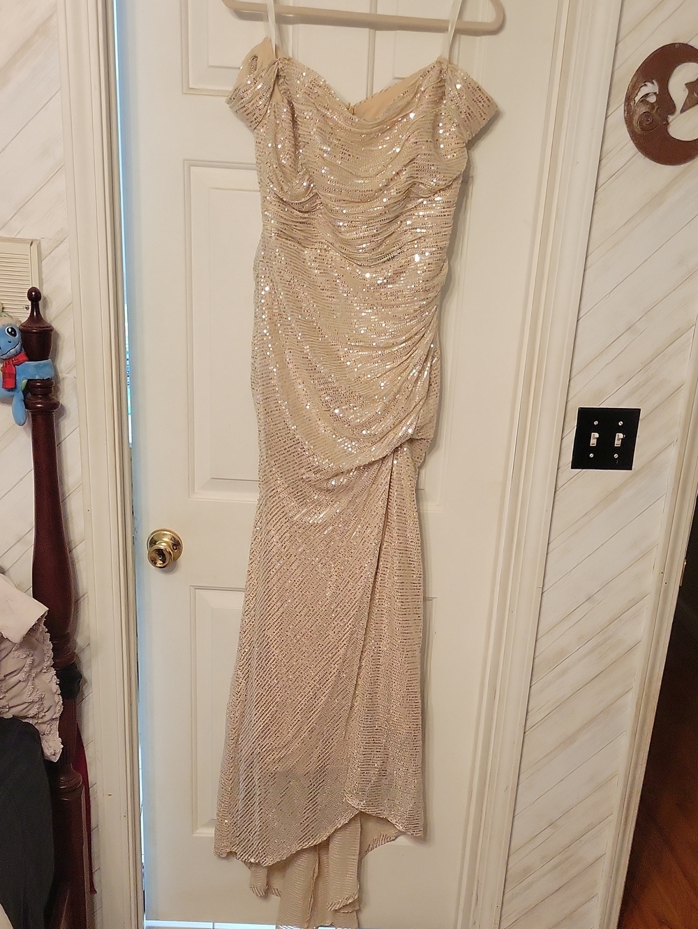 Elegant Champagne Sequin Evening Gown